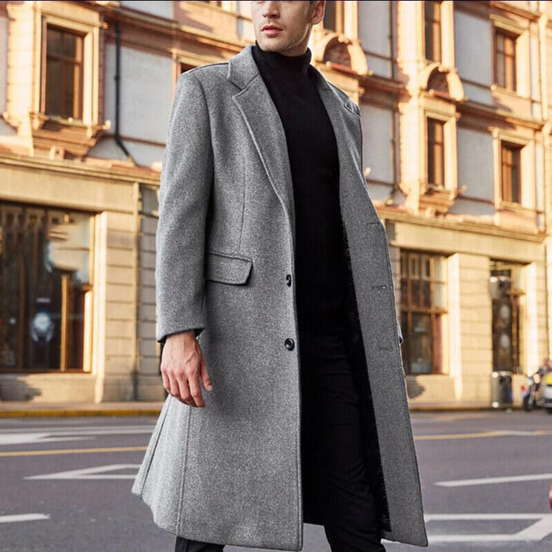 jiaabc Winter Warm Formal Wool Coat For Men Long Jacket Overcoat Fashion Trench Cardigan Solid Color Fashion Label Collar Outwear Male