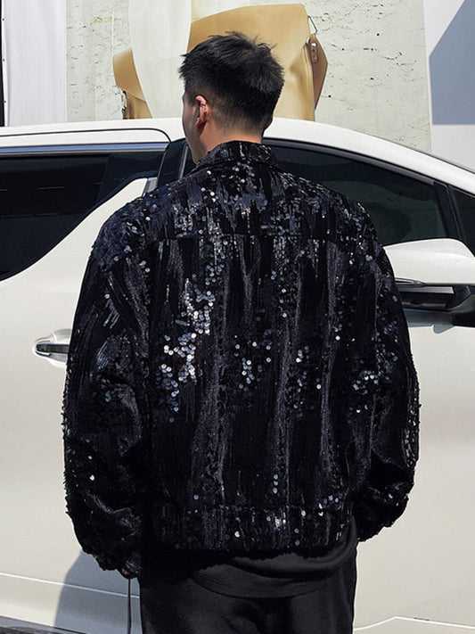 jiaabc Trendy Sequin Patchwork Black Men's Jacket  New Streetwear Fashion Lapel Short Coat  Autumn Zipped Cloth 9A1110