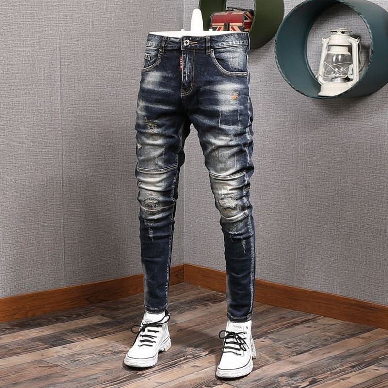 jiaabc Fashion Streetwear Men Jeans Retro Black Blue Elastic Slim Fit Ripped Jeans Men Spliced Designer Embroidery Hip Hop Denim Pants