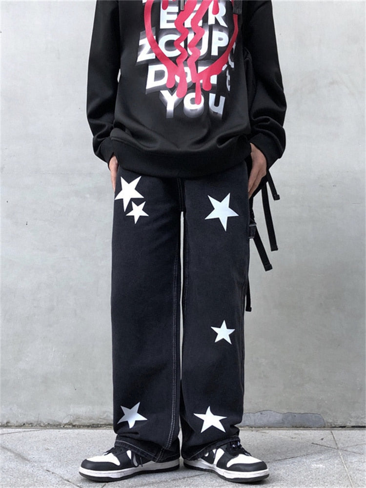 jiaabc Y2K Mens Retro Streetwear Hip Hop Stars Straight Fairy Grunge Jeans for Men Denim Pants Wide Leg Oversized Alt Trousers Clothes