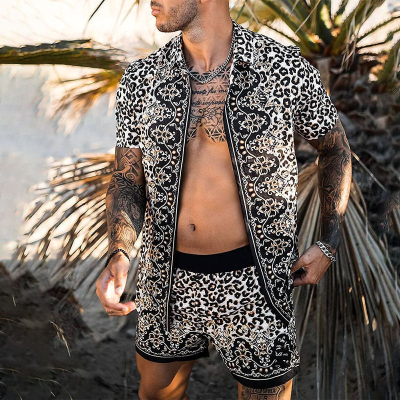 jiaabc NEW Men leopard print Hawaiian Sets Summer Short Sleeve Button Shirt Beach Shorts Streetwear Casual Mens Suit 2 Pieces