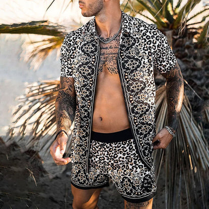 jiaabc Fashion Hawaiian Print Short Sleeve Shirt Set Men's Beach Coconut Print Shorts Men's Daily Beach Shirt Two-piece S-3XL