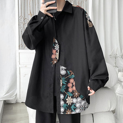 jiaabc Autumn Embroidered Shirts Men Fashion Retro Flower Shirts Mens Japanese Streetwear Loose Long Sleeve Shirts Men Plus Size M-5XL