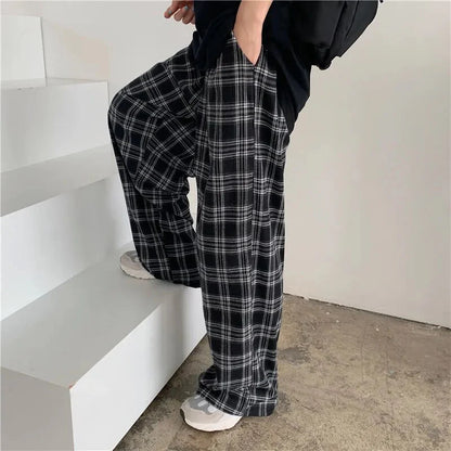 jiaabc Black and Pink Plaid Pants Oversize Women Pants High Waist Loose Wide Leg Trousers Ins Retro Teens Straight Trousers Streetwear