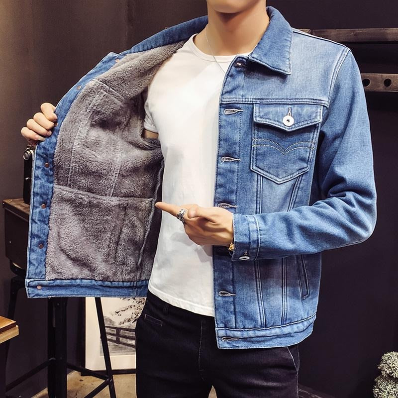 2024 Autumn and Winter New Fashion Solid Color Plus Cashmere Denim Jacket Men's Casual Loose Thick Warm Large Size Jacket M-4XL