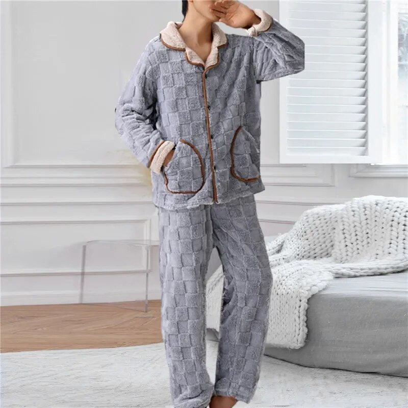 jiaabc Men Warm Flannel Autumn Winter Pajamas Turn-down Collar Long-sleeved Trousers Two-piece Set Loose Comfortable Sleepwear Suit