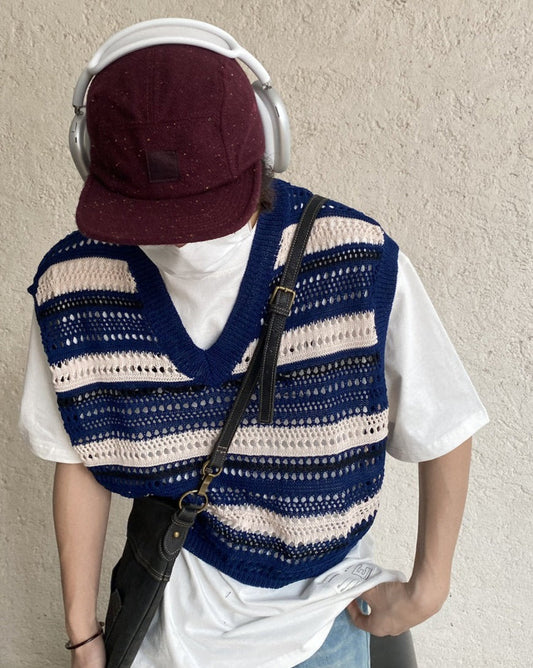 jiaabc Hollow Out Sweater Vest Men Unisex Fashion Ins All-match Basic Sleeveless Knitwear Autumn Holiday Vintage Males Clothing Street