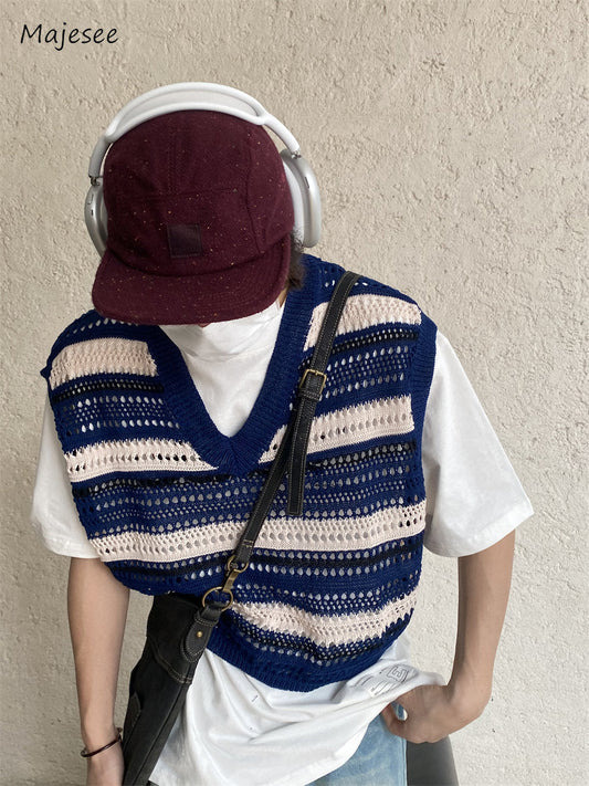 Hollow Out Sweater Vest Men Unisex Fashion Ins All-match Basic Sleeveless Knitwear Autumn Holiday Vintage Males Clothing Street