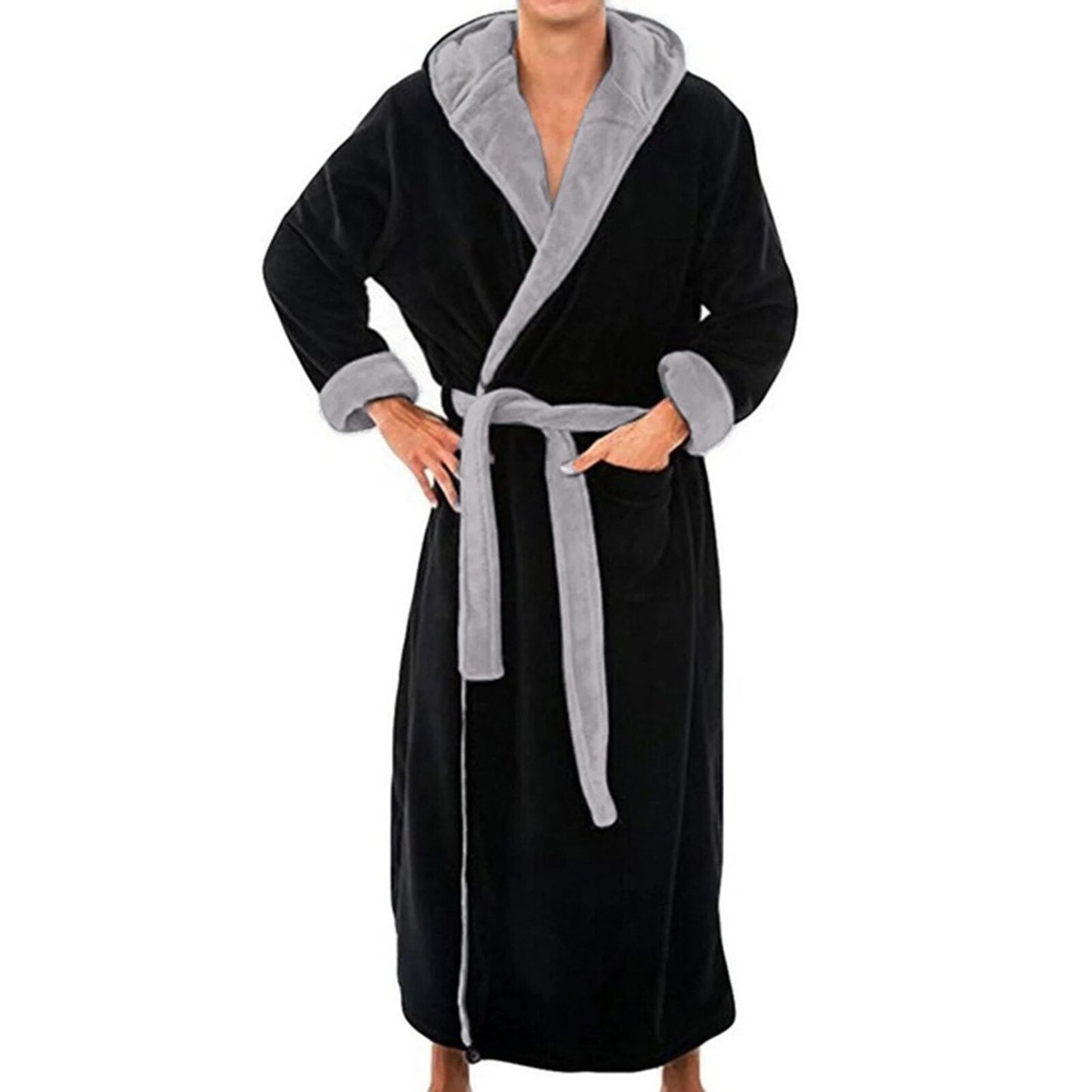 jiaabc Long Sleeve Pocket Belt Solid Color Men Bathrobe Winter Warm Hooded Long Fleece Home Gown Sleepwear