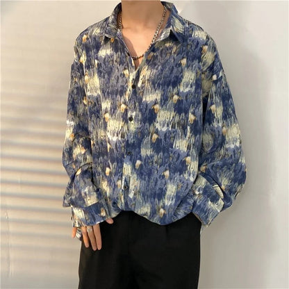 Antique Vintage Long sleeve Shirt for Men Streetwear Korea Style Fashion Design Clothes Full-printed Men's Hip Hop Top Shirt