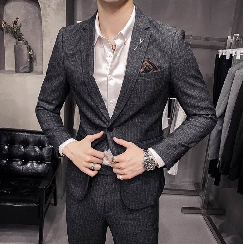 jiaabc (Jacket+Pants) Fashion Men's Pure Color Leisure Suits Gray Blue Black Slim Fit Men Business Banquet Suit Set Plus Size 3XL 4XL