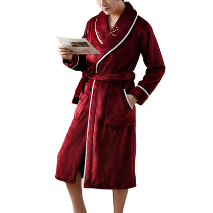 jiaabc Long Sleeve Pocket Belt Solid Color Men Bathrobe Winter Warm Hooded Long Fleece Home Gown Sleepwear