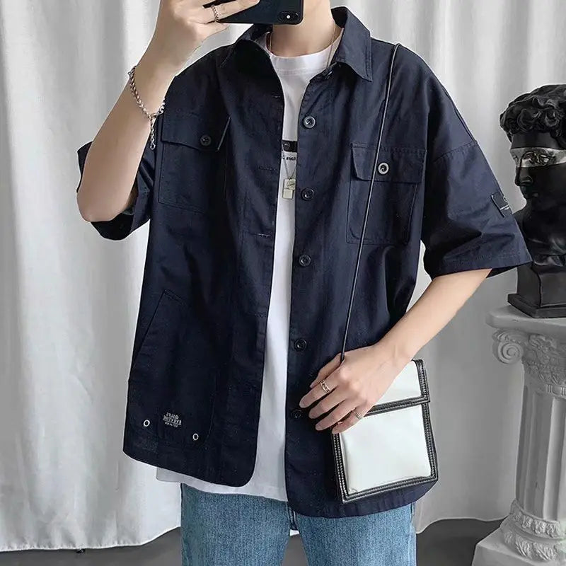 jiaabc Elegant Fashion Shirts Loose Solid Patchwork Casual Turn-down Collar Short Sleeve Pockets Spring Summer Thin Men's Clothing