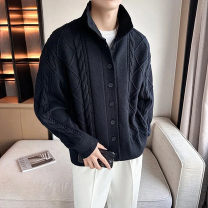 jiaabc Autumn / Winter New Twist Men's Knitted Cardigan Korean Version of Loose Solid Color Sweater Thick Coat High Quality Knit Coat