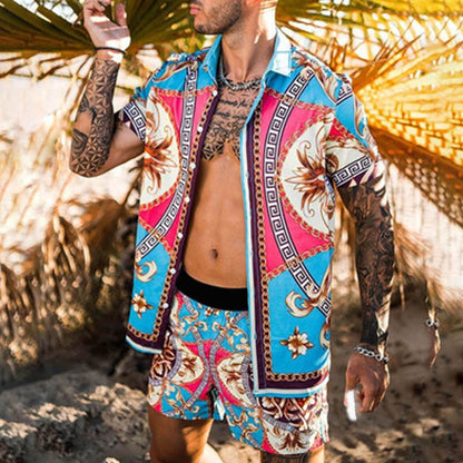 jiaabc New Fashion Hawaiian Shirt Set Mens Printing Set Short Sleeve Summer Casual Floral Shirt Beach Two Piece Men Sets S-3XL