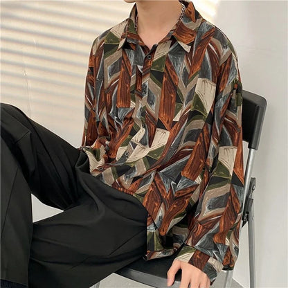 Antique Vintage Long sleeve Shirt for Men Streetwear Korea Style Fashion Design Clothes Full-printed Men's Hip Hop Top Shirt