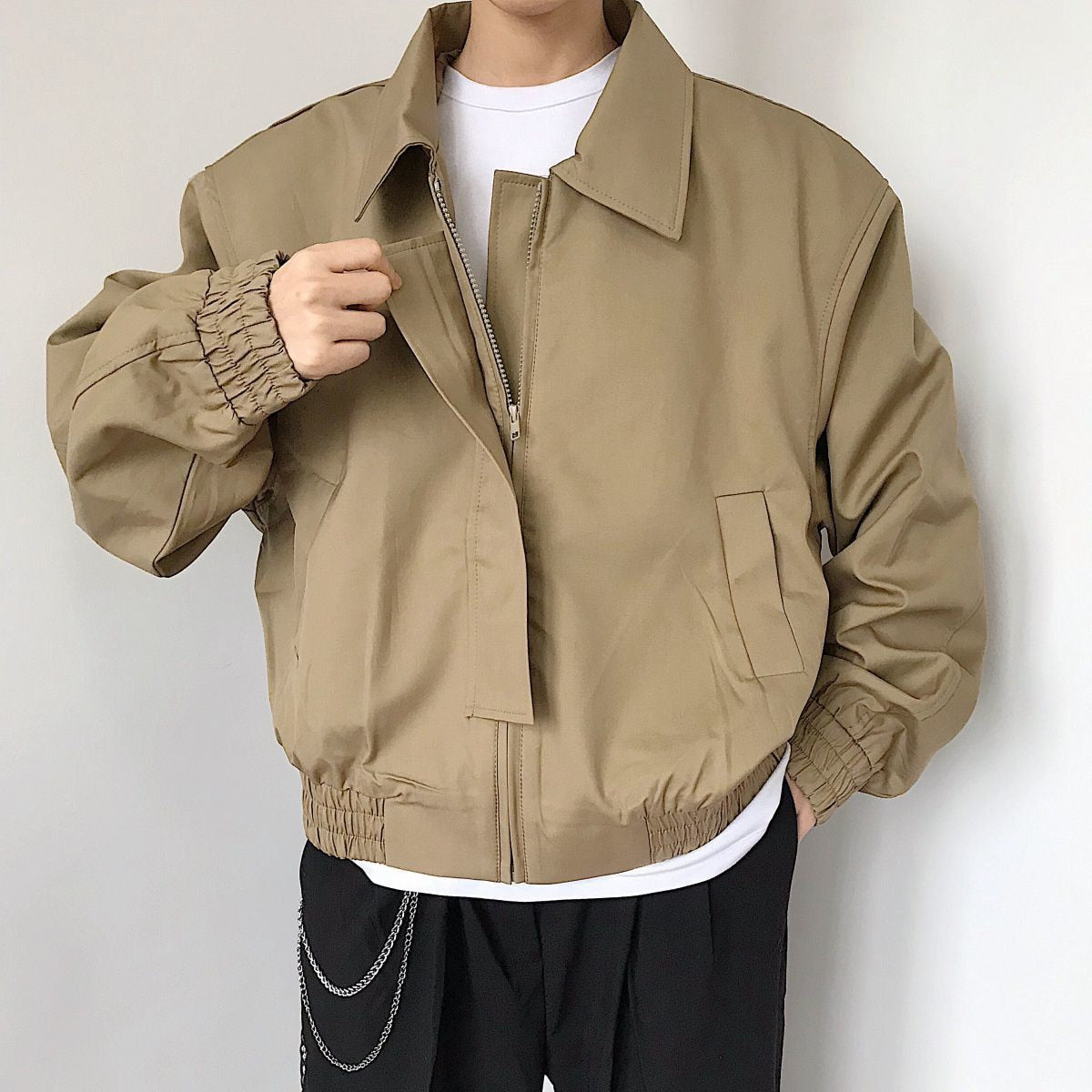 jiaabc Spring New Short Jacket Men's Long Sleeved Solid Color Square Collar Fashion Loose Casual Zipper Bomber Jacket Streetwear