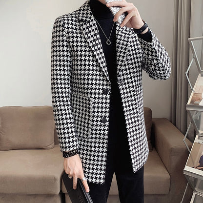 Houndstooth Lapel Mid-Length Men Windbreaker Coat Winter Suit Collar Fashion Print Casual Overcoat Jacket Streetwear Social Coat