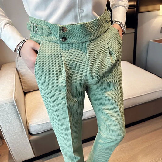 jiaabc Autumn Winter Pantalones Hombre High waist Waffle Business Casual Suit Pants For Men Clothing Slim Fit Formal Wear Trousers 36