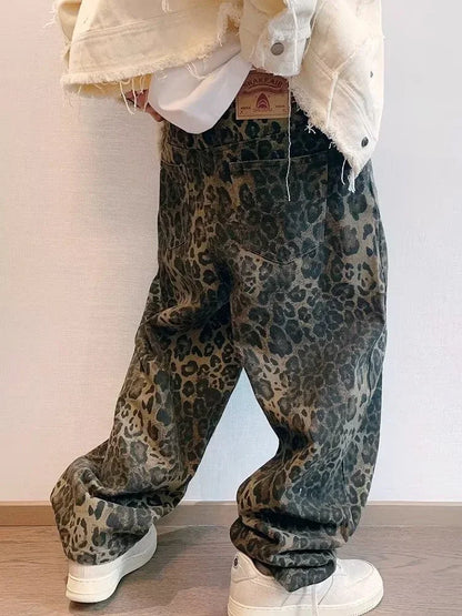 jiaabc Tan Leopard Jeans Men Denim Pants Male Oversize Wide Leg Trousers Streetwear Hip Hop Vintage Clothes Loose Casual