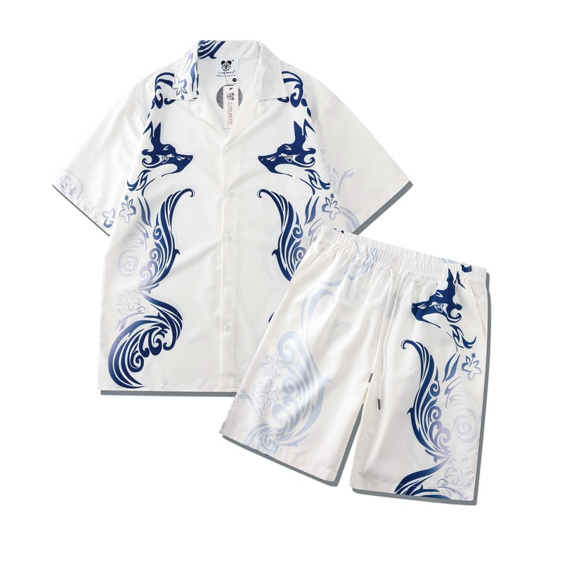 jiaabc Chinese Style Short Sleeve Hawaiian Shirts Summer Men's and Women's Two Pieces Beach Sets Oversized Casual Hip Hop Tracksuits