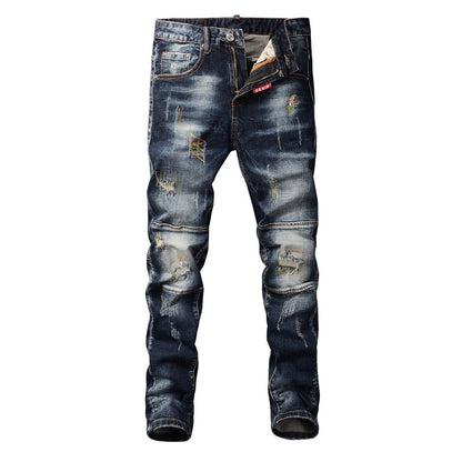 jiaabc Fashion Streetwear Men Jeans Retro Black Blue Elastic Slim Fit Ripped Jeans Men Spliced Designer Embroidery Hip Hop Denim Pants