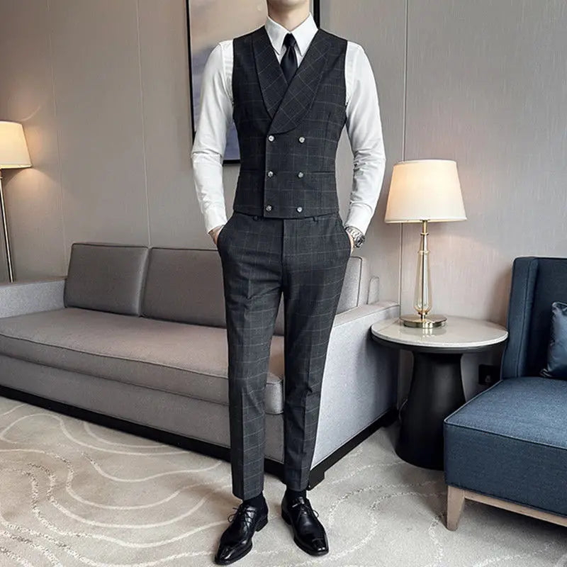 jiaabc Double breasted gray plaid vest men's suit set with striped vest business suit