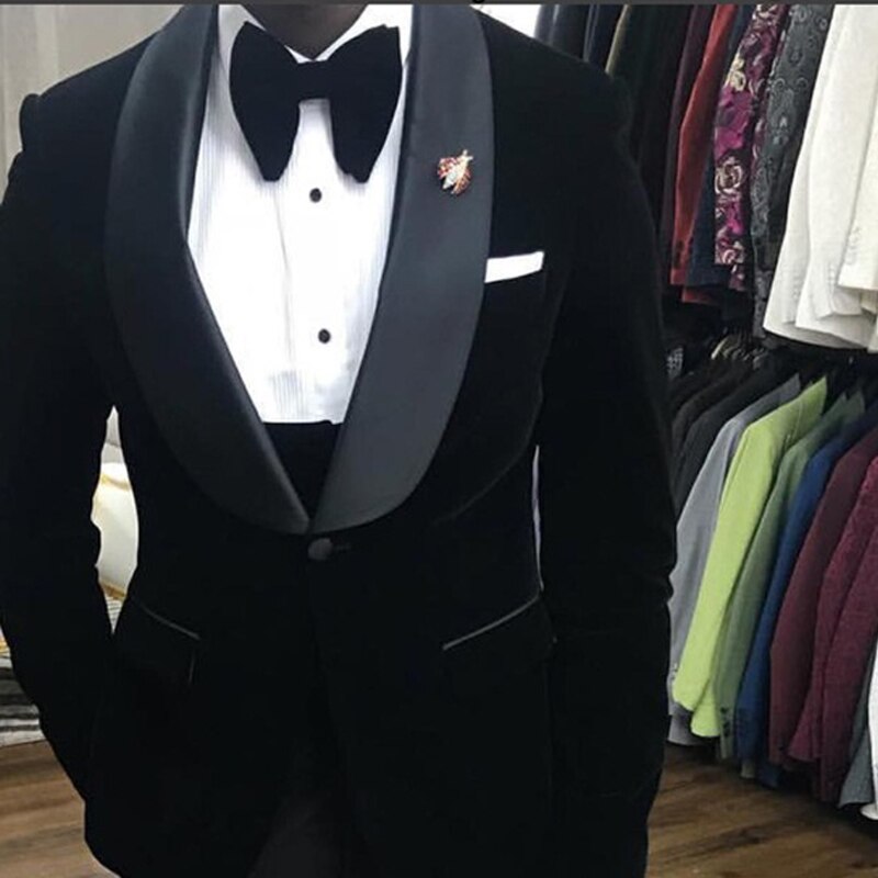 jiaabc Black Velvet Wedding Tuxedo 3 Piece African Men Suits for Prom Slim Fit Groom Male Fashion Costume Jacket Waistcoat with Pants