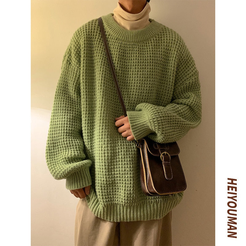 jiaabc Men's Waffle Sweaters Round Neck Solid Color Korean Style Male Knitted Pullovers Loose Casual Winter Knitwear