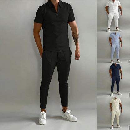 jiaabc Casual Men's Two Piece Suits 2023 Spring Summer Short Sleeve Lapel Zipper Tops And Pants Set Men Fashion Solid Color Tracksuits