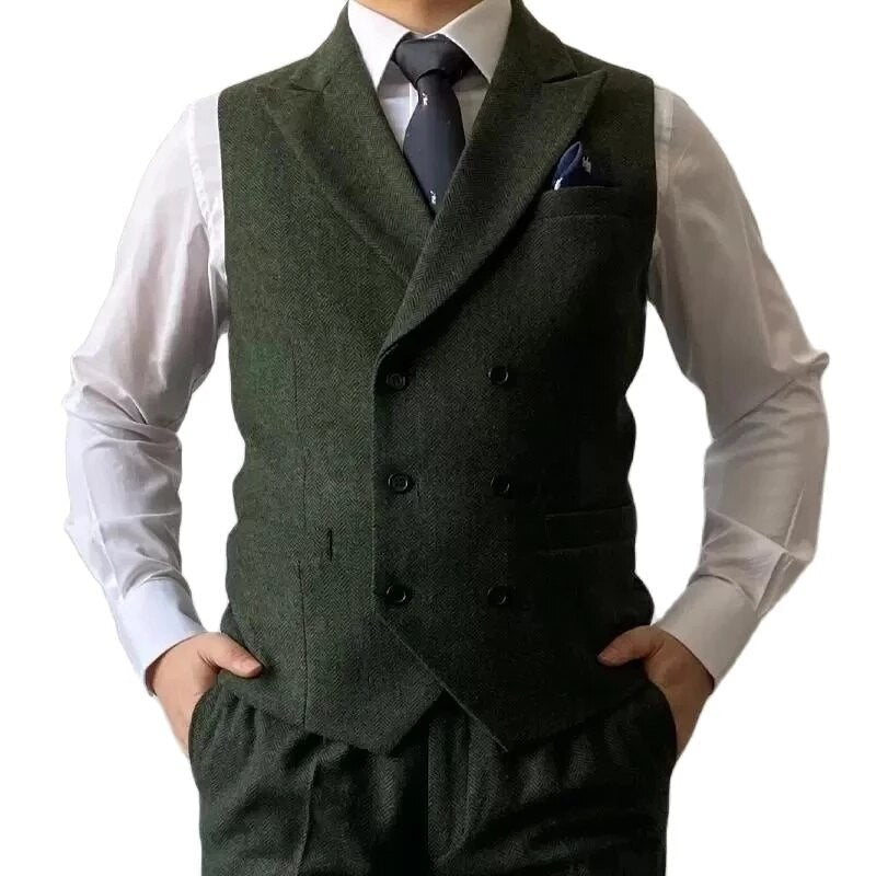 Green Men's Vest Double Breasted Herringbone Winter Wool Tweed Waistcoat Slim Fit Casual Suit Vest Gentleman Wedding Clothes