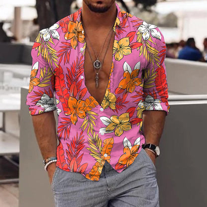 jiaabc Spring Autumn Men Hawaiian Shirts Turn-down Collar Buttoned Tops Men's Casual Tropical Printed Long Sleeve Shirt Streetwear