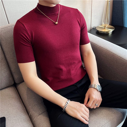 jiaabc Autumn High Quality Short Sleeve Knitted T Shirts  Men Slim Solid Pullovers Half Turtleneck Casual Stretched Tee Shirt Homme