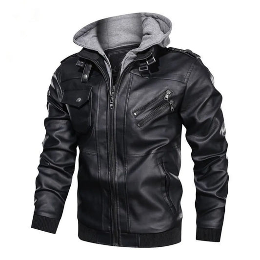 jiaabc Men's Fall Winter Jacket PU Leather Jackets Stand-up Collar Motorcycle Biker Clothing Casual Detachable Hooded Coats