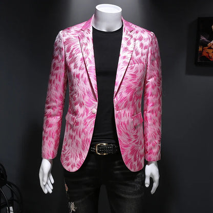 jiaabc Luxury Men Jacquard Slim Fit Blazer Stage Performance Metal Gold Yarn Casual Suit Jacket Formal Stage Costumes