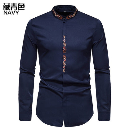 jiaabc Men Spring Autumn Shirt Social Henley Dress Shirt Fashion Long Sleeve Formal Embroidery Tops Clothing Casual camisa masculina