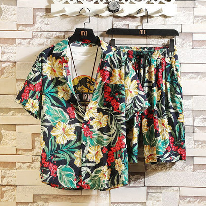 jiaabc Men's 2 Pieces Set Hawaiian Shirts + Beach Shorts Mens Casual Streetwear Summer 12 Floral Print Loose Short Sleeve Holiday Suits