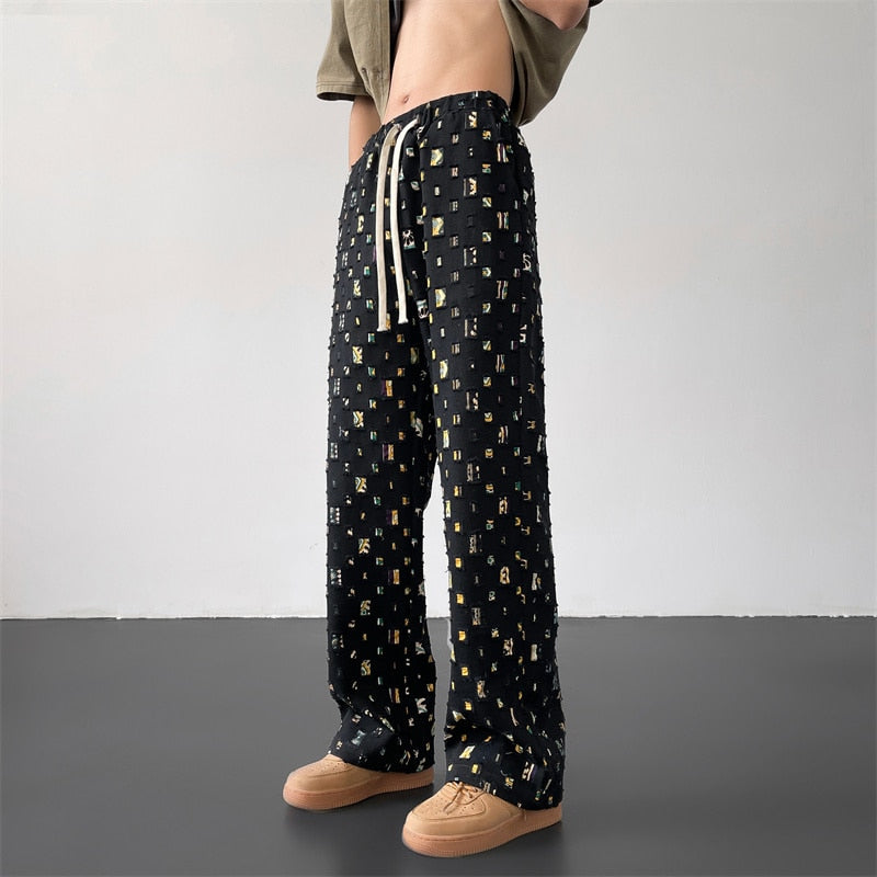 Apricot Black Plaid Pants Men Fashion Retro Hollow Out Pants Men Streetwear Hip-hop Loose Hole Straight Pants Mens Trousers