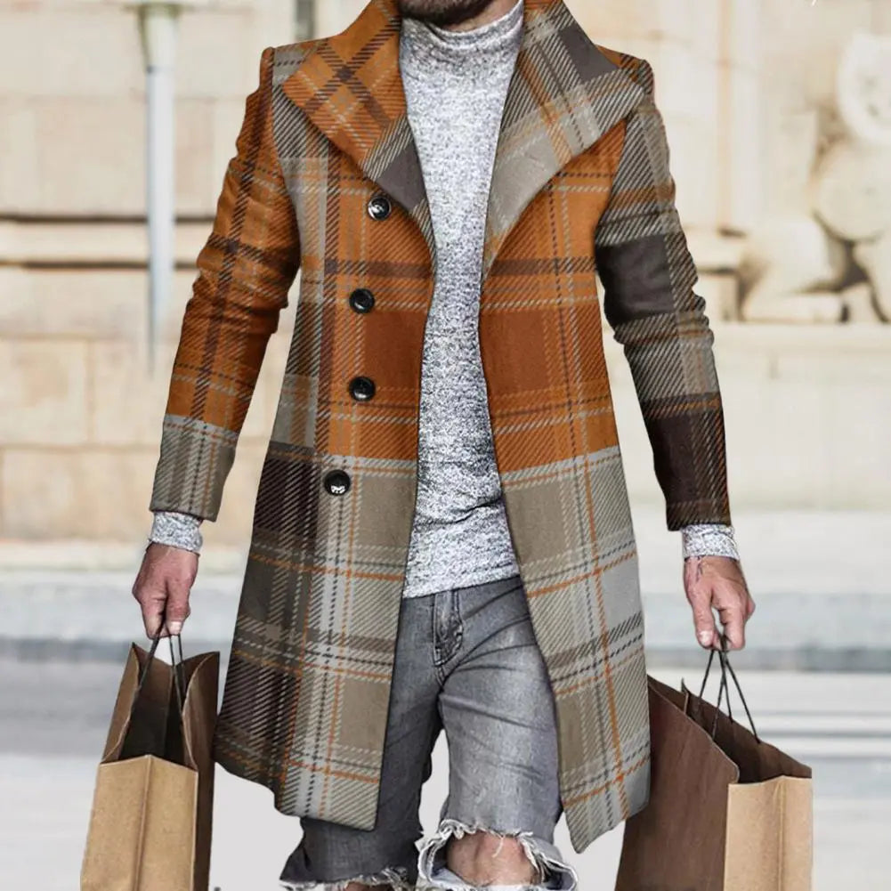 jiaabc Autumn Winter Men's Single Breasted Woolen Overcoat Plaid Print Male Long Thicken Windbreaker Fashion Causal Coat Outerwear Men