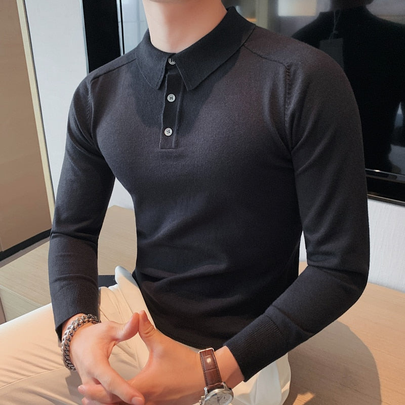 jiaabc Autumn Winter Slim Long Sleeved Polo Shirt Men's Solid Color Lapel knitted Bottom Sweater Business Simple Casual Polo Shirt Top