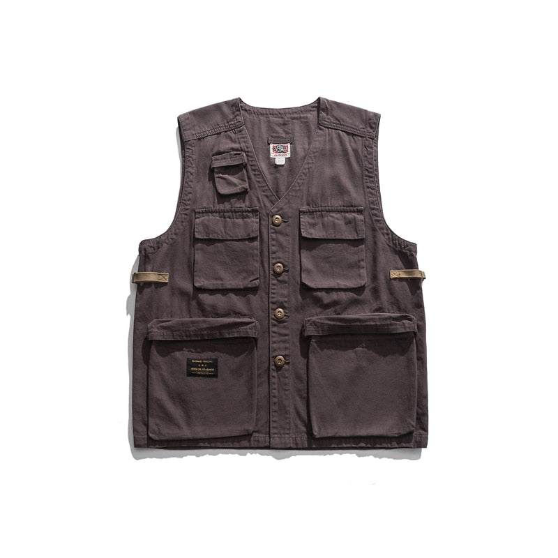 new Japanese high street tooling multi-pocket vest American functional retro loose casual vest khaki gray