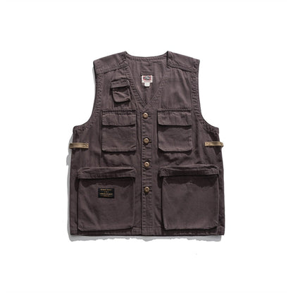 new Japanese high street tooling multi-pocket vest American functional retro loose casual vest khaki gray