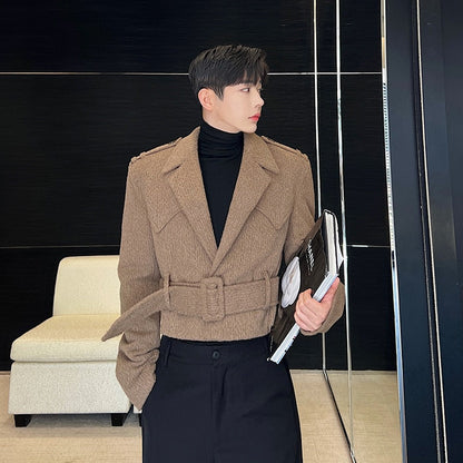 jiaabc Autumn Winter Thickened Designer Short Woolen Belt Men Jacket Coat  Solid Color Korean Fashion Male Tops 9A6200