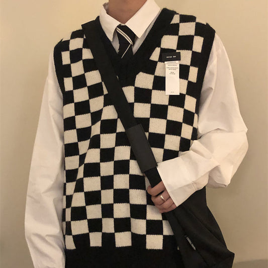 jiaabc New Autumn Arctic Velvet Checkerboard Pattern Men's Sweater Vest Retro V-neck Sleeveless Knit Vest Woolen Korean Clothes