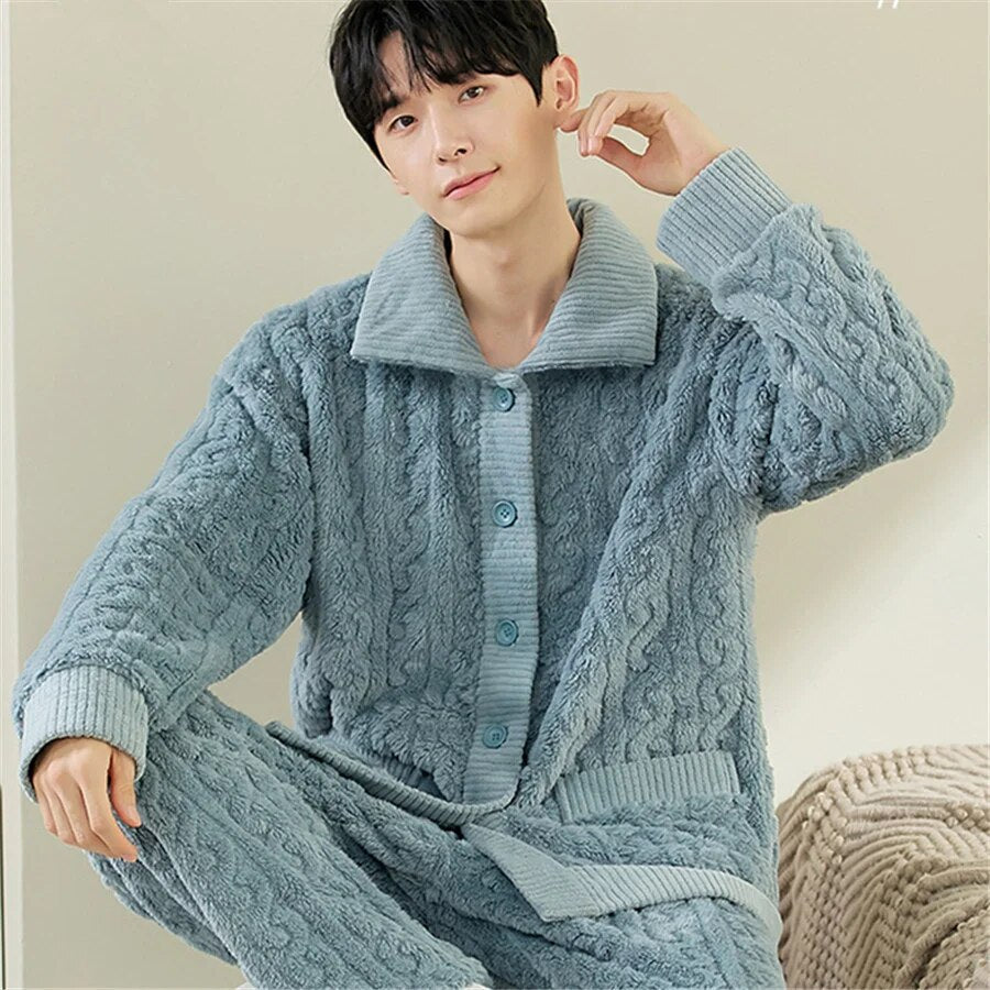 jiaabc Men Warm Flannel Winter Pajamas Turn-down Collar Long Sleeve Homewear Two-piece Set Loose Comfortable Thick Sleepwear Nightwear