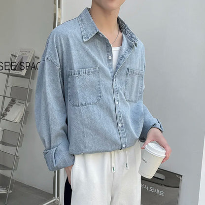 jiaabc Spring Blue Black Denim Shirt Men Fashion Pocket Casual Shirts Mens Streetwear Korean Loose Long-sleeved Shirt Men M-2XL