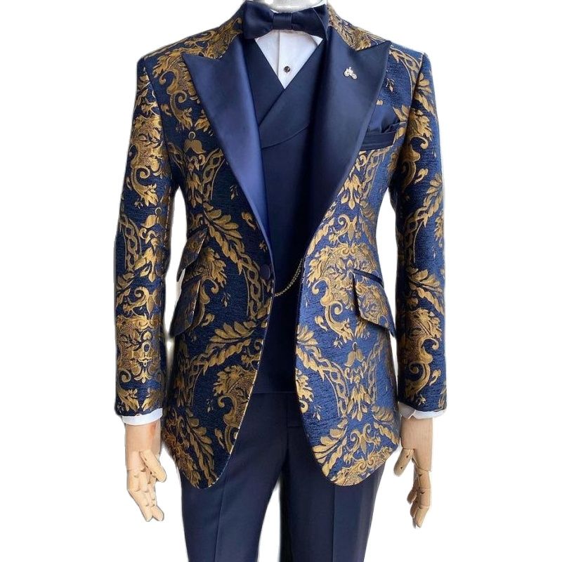 Jacquard Floral Tuxedo Suits for Men Wedding Slim Fit Navy Blue and Gold Gentleman Jacket with Vest Pant 3 Piece Male Costume