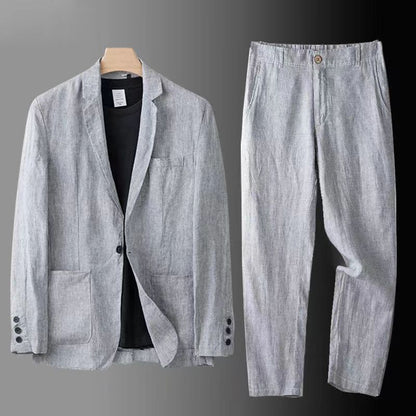 jiaabc Spring Autumn Fashion Men Linen Two-piece Set Blazer Jacket + Pants Solid Slim Fit Casual Business Thin Clothing Breathable Suit