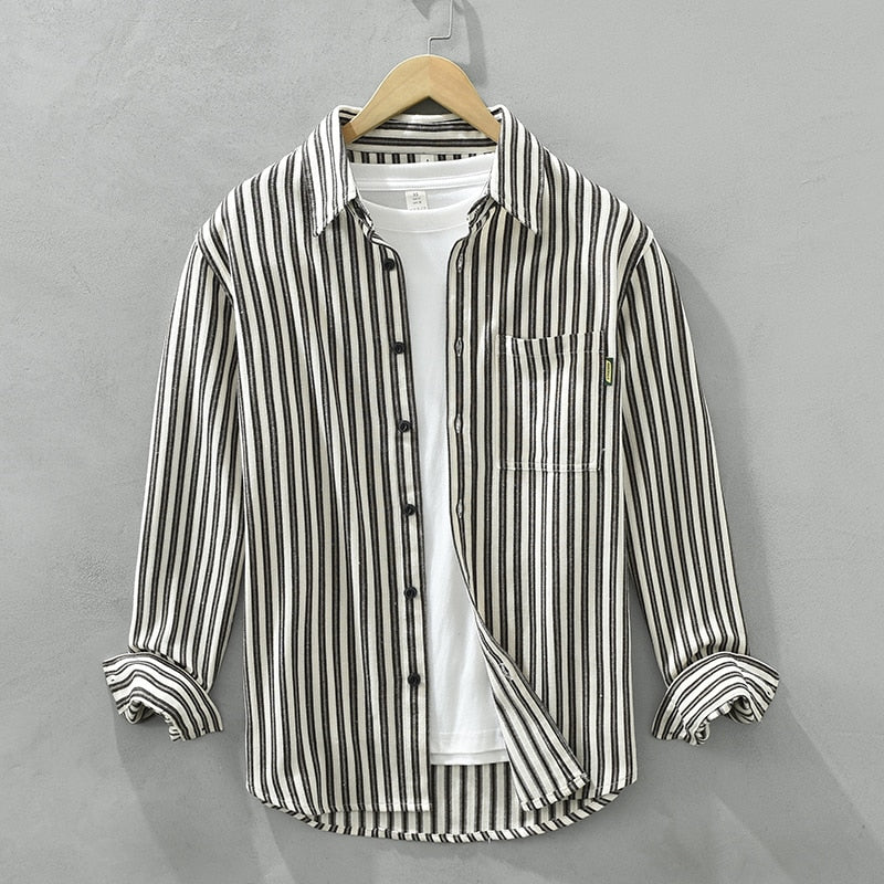 jiaabc Retro Striped Shirts for Men Casual Long Sleeve Tops Male Pure Cotton Turn-down Collar Button Up Shirt Clothing