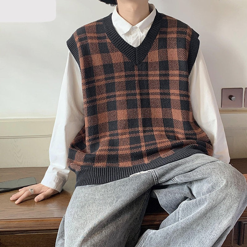 jiaabc Plaid Retro Sweater Vest Men Japanese Design Autumn All-match Preppy Stylish Unisex Clothes Harajuku Fashion Knitting Streetwear